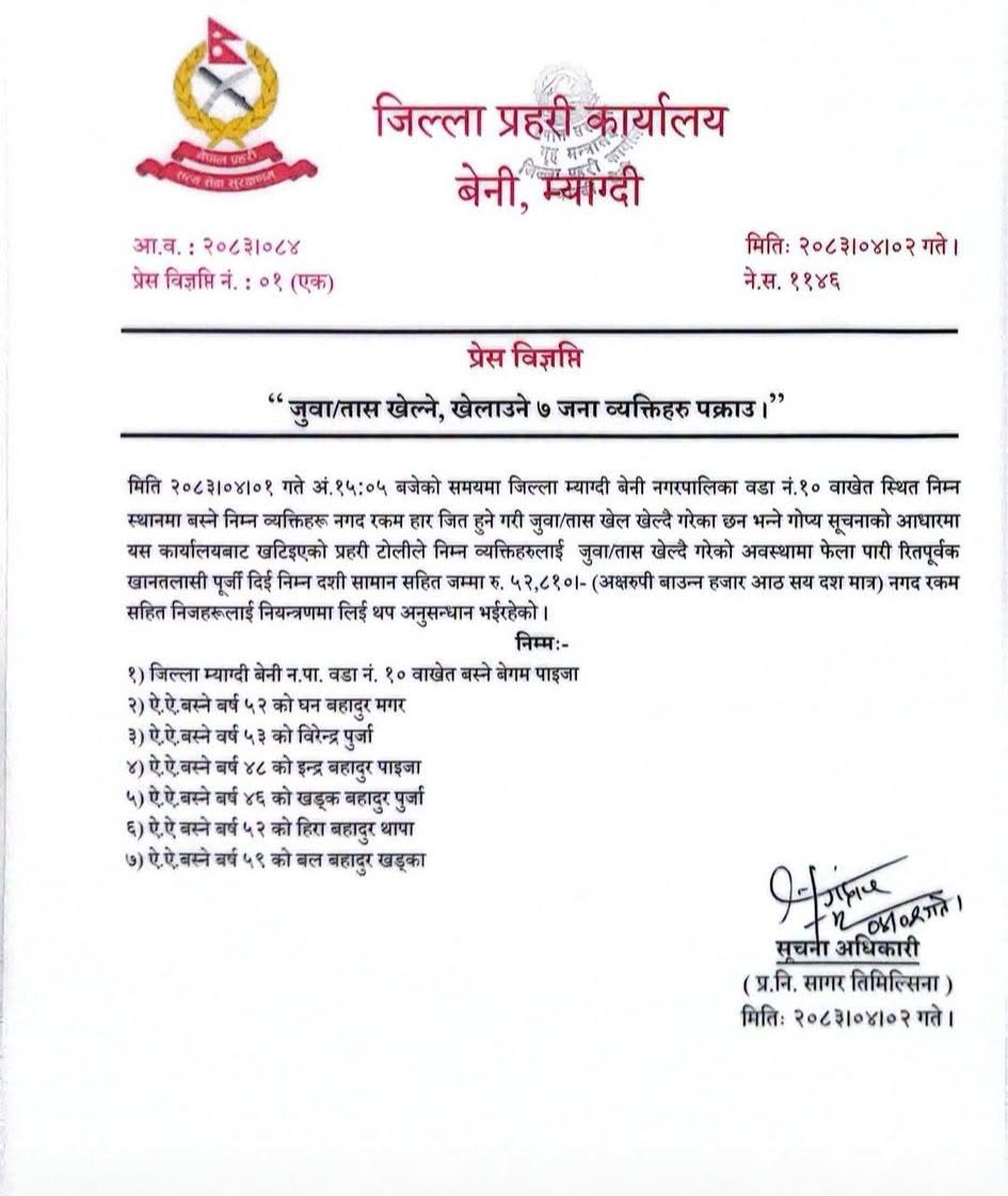 बेनी नगरपालिका–१० वाखेतामा जुवा खेल्दै गरेका सात जना पक्राउ, रु. ५२ हजार ८१० बरामद